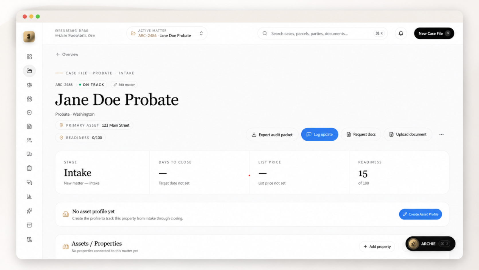 ARC. platform dashboard showing a complex real estate case overview.