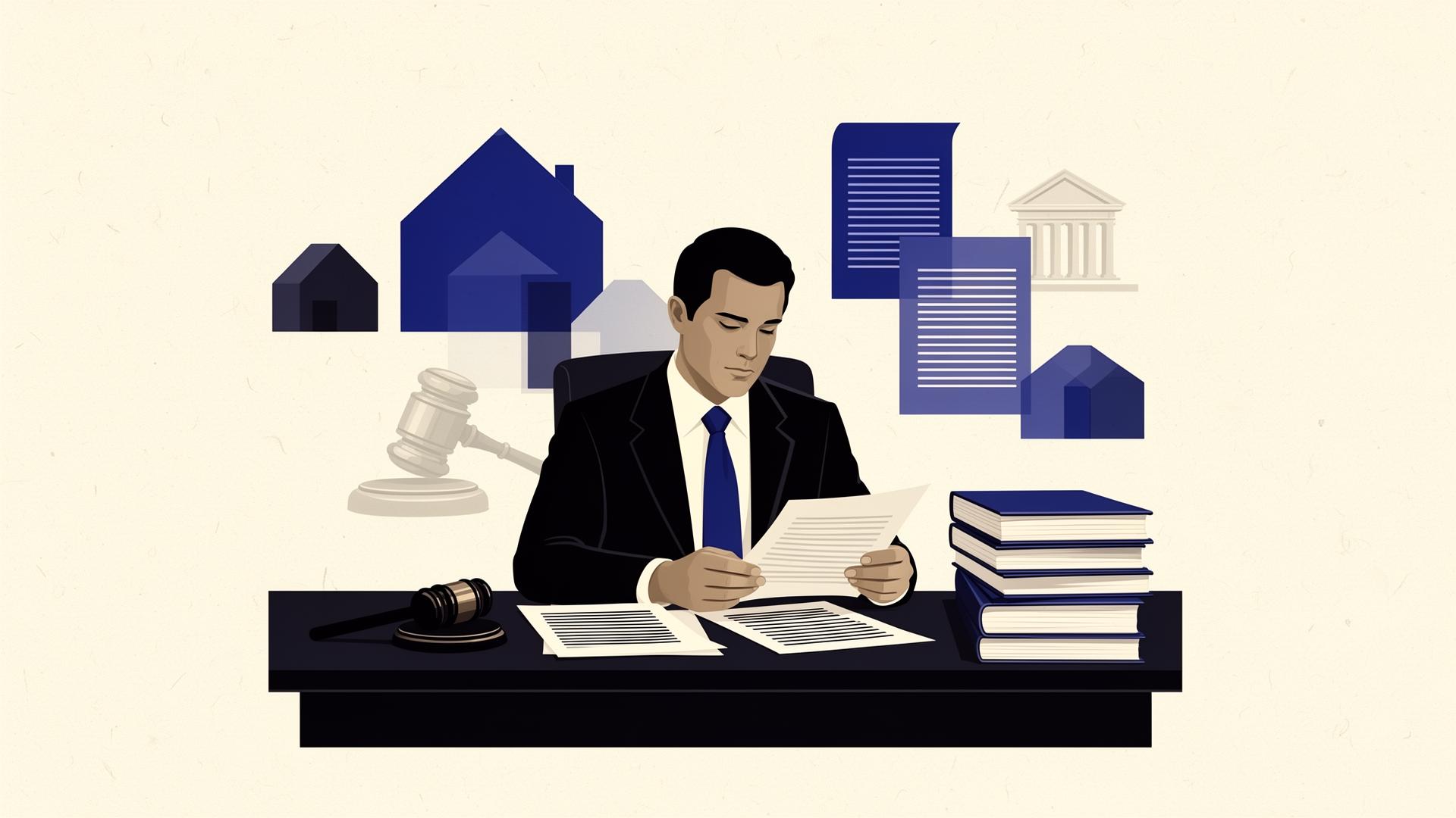 Editorial illustration of an attorney reviewing real estate documents